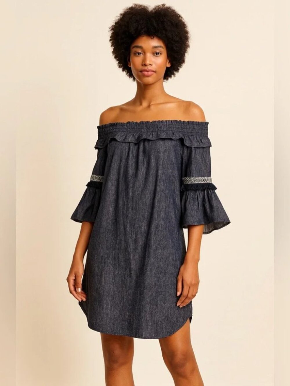 Hope & Harlow denim linen Chambray on/off shoulder dress. Size 10